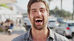 Travel, face and man with laugh in city for funny getaway trip, summer break and holiday abroad. Humor, tourist and happy in urban town for sightseeing, explore location and joke on vacation weekend