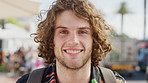 Face, travel or man with confidence on city street, summer break holiday or abroad weekend trip for smile. Portrait, tourism and person with happiness for vacation, outdoor and sightseeing in Miami