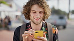 Reading, scroll and man with phone on city street, digital  attraction guide and sightseeing research. Smile, holiday and person with mobile for tourism site, navigation app and travel visitor blog