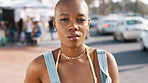 Face, city and woman with bubblegum on vacation, travel and morning commute on holiday. Portrait, bald person and chewing gum in urban town for adventure, vacation or tourist experience on holiday