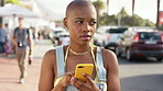 Phone, thinking and woman in city on vacation for location search, travel information or scroll. Mobile, outdoor and person on holiday with reflection for map, destination update or decision with app
