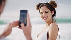 Happy, woman and friends on beach for pictures, travel and memory for social media post and bonding. Outdoor, influencer and people with smile on summer vacation, photography and image for website