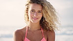 Summer, fashion and face of woman on beach for holiday, vacation and relax on weekend trip. Happy, style and portrait of person with swimsuit by ocean, sea and nature for tourism in Australia