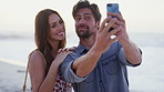 Happy couple, selfie and love at beach on vacation in summer, travel or bonding on social media. Man, woman and smile with photography for relationship, memory and connection on holiday at seaside