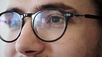 Man, glasses and closeup at office with reflection for review with insight, decision and career at company. Person, spectacles and prescription eyewear for vision, feedback or optometry at agency