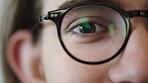 Optometry, face or eyes with glasses at clinic, eyesight correction or prescription lenses for myopia. Frame testing, eye exam or man with specs for vision improvement, ophthalmology or ocular health
