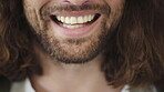 Smile, dentist and mouth of man in studio for oral wellness, teeth whitening and dental treatment. Healthcare, happy and person with closeup for orthodontics, gum disease and tooth discoloration