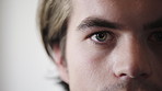 Optometry, eye care and portrait of man in studio with contact lenses for prescription for eyesight. Wellness, optical health and person by white background with vision, medical test or ophthalmology