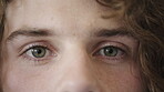 Face, eyes and person with optometry at clinic, vision assessment or contact lenses for visual correction. Eye care, portrait and man with myopia check for optical wellness, eyesight test and blink
