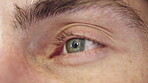 Eyecare, vision or person with focus on closeup for optical assessment, glaucoma exam or retina scan. Healthcare, optometry and patient with eye test for prescription lens, cataract and ocular health