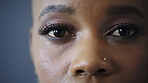 Optometry, eye care and face of black woman in studio with contact lenses for prescription for eyesight. Wellness, optical health and portrait of African person by gray background with vision test.