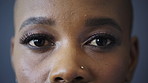 Optometry, eye care and face of black woman in studio with contact lenses for prescription for eyesight. Wellness, optical and portrait of African person by white background with vision or test.