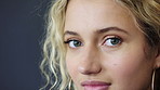 Optometry, eye wellness and face of woman in studio with contact lenses for prescription for eyesight. Health, optical care and person by gray background with vision, medical test or ophthalmology.