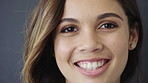 Smile, dentist and portrait of woman in studio for oral wellness, teeth whitening and dental treatment. Healthcare, happy and person for orthodontics, gum health and hygiene on gray background