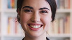 Face, university student and woman in library, smile and scholarship for academy knowledge. Higher education, happiness and person with confidence, learning and studying for phd degree and research