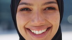 Face, smile and muslim woman working in a city, happy and setting up street vendor sale in town. Religion, career ambition and Islamic person in road, excited for small business and professional