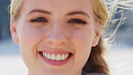 Happy, confident and face of woman outdoor with wind for vacation, getaway or weekend trip. Travel, smile and portrait of female person with positive attitude for breeze in hair on holiday in London.