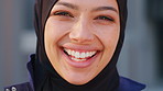 Face, smile and Muslim woman in street, funny and setting up street vendor sale in town. Religion, career ambition and Islamic person in road, excited for small business, laughing and professional