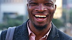 Laugh, confident and face of black man outdoor with happiness for vacation, getaway or weekend trip. Travel, smile and portrait of African male person with positive attitude on holiday in Nigeria.