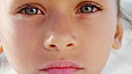 Face, closeup and girl in park, kid and summer holiday to relax, travel weekend and breeze. Outdoor, youth and happy child with break, sunshine and wind with vacation, calm and adventure in Canada