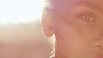 Face, girl and sunset outdoors for learning, agriculture and future vision, serious and thinking in countryside. Portrait, child and agro education with lens flare in nature for confidence and pride