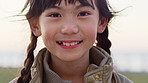 Face, teeth and Asian kid with dental wellness, orthodontics and laugh for gum care in nature. Portrait, funny and girl with oral health outdoor, development and shine with mouth hygiene in Korea