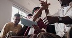 Celebration, high five and tablet with friends on sofa in home living room for sports streaming. App, competition and victory with group of excited people in apartment for achievement or team support