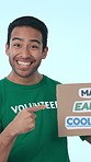 Poster, volunteer and face of happy man in studio for global warming, climate change or sustainability. Charity, portrait and person with sign for recycle, save earth and pointing on blue background