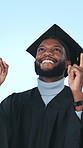 Happy, graduation and black man in studio to celebrate for university, college and academic success. School, excited and person with milestone for education, learning and studying on blue background