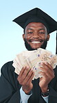 Graduation, money and success with black man in studio for achievement, student bonus and winner. Scholarship payout, future investment and cash with person on blue background for college funding