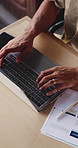 Typing, remote work or hands with laptop in cafe, snapshot testing or check app software rendering. Above, system report or man with pc for program bugs tracking, freelancer or technical fault repair