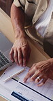 Paperwork, typing and hands with laptop in cafe, strategy snapshot and reading performance sales chart. Entrepreneur, growth plan and person with pc for revenue data analysis, startup stats and above
