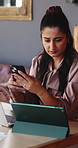Remote work, phone or Indian woman in cafe with tablet, draft insight or source error in article. Review, freelancer or journalist in bistro with tech, fact check or column planning for publication.
