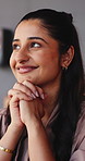 Smile, thinking and typing with business woman in office for design inspiration or satisfaction. Computer, planning and research with happy designer in creative workplace for development opportunity