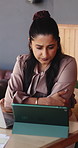 Tablet, remote work and woman in cafe, reading report or blog with creative review for newsletter. Freelance, copywriter and serious person with tech in coffee shop for article, story or research