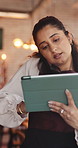 Tablet, speaking or woman with phone call in restaurant, reservation confirmation or table preferences. Booking details, talking or waitress with tech to check availability, time slot request or info