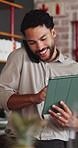 Waiter, conversation and phone call in cafe with tablet, typing or booking website for online order. Man, discussion and tech in diner with contact, customer service and check email for reservation.