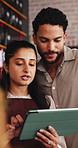 Management, people and discussion in diner with tablet, menu development and planning for catering. Manager, team and talk in restaurant with tech, booking website and collaboration for hospitality.