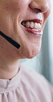 Call center, smile and mouth of business woman in office for communication, customer service and chat. Virtual advisor, microphone and help desk consultant with employee in agency for discussion 