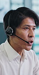 Call center, agent and talk with business man in office for communication, customer service and chat. Virtual advisor, microphone and help desk consultant with employee in agency for discussion 