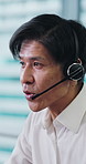 Call center, agent and chat with business man in office for communication, customer service and talk. Virtual advisor, microphone and help desk consultant with employee in agency for discussion 