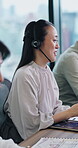 Call center, agent and smile with business woman in office for communication, customer service and chat. Virtual advisor, microphone and help desk consultant with employee in agency for discussion 