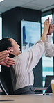 Success, high five and business people in call center online for sales goal, lead generation and target. Corporate, team and workers on computer to celebrate for contact us, customer service and win