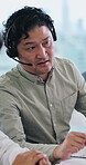 Call center, agent and mentor with business man in office for crm, customer service and chat. Virtual advisor, microphone and help desk consultant with employee in agency for contact us and team
