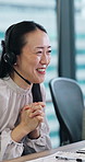 Online, business and Asian woman in call center with success for sales goal, bonus and good news. Corporate, happy and person on computer to celebrate for contact us, customer service and promotion