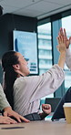 High five, celebrate and business people in call center for sales goal, lead generation and good news. Corporate, team and men and woman excited for company bonus, customer service and achievement