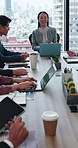 Meeting, manager or team in office with laptop, problem solving or funding ideas in budget pitch. People, collaboration or finance consultants with tech, director feedback or investment plan in Japan