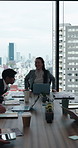 Accounting, employees and paperwork in office for meeting, review or communication for teamwork. Business people, investment report and tech for briefing, revenue project and brainstorming in Japan