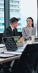 Meeting, discussion and team with business people in office for trading broker, research and audit. Portfolio advisor, conversation and collaboration with employees in boardroom for feedback