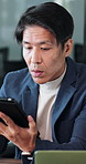 Tablet, business and Japanese man in office for research, scroll or shock with insurance policy. Reading, tech and mature broker in workplace for risk management email, corporate coverage or surprise